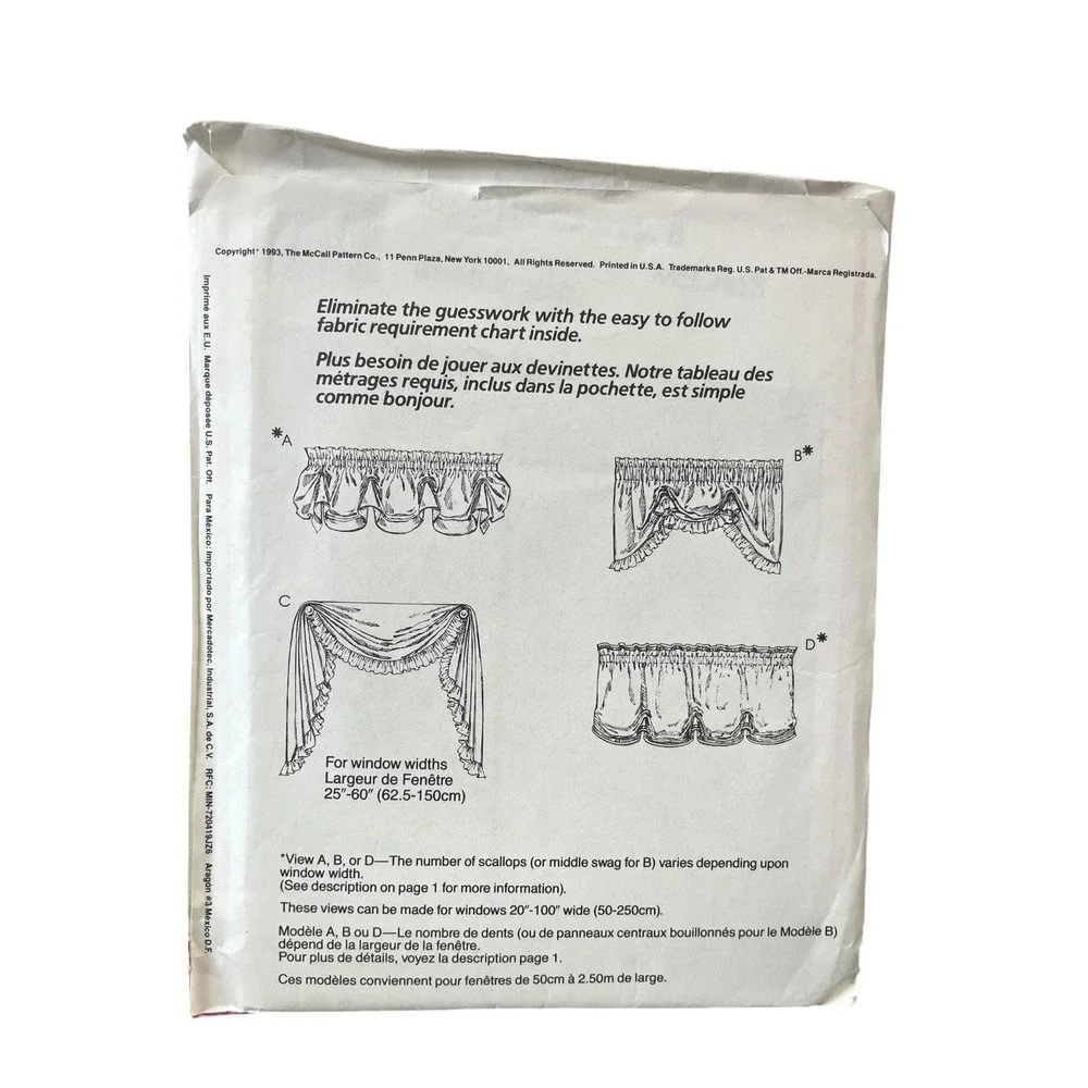McCall's 6500 Home Dec Window Valance Swag Pattern 1993 Window Width 25-100